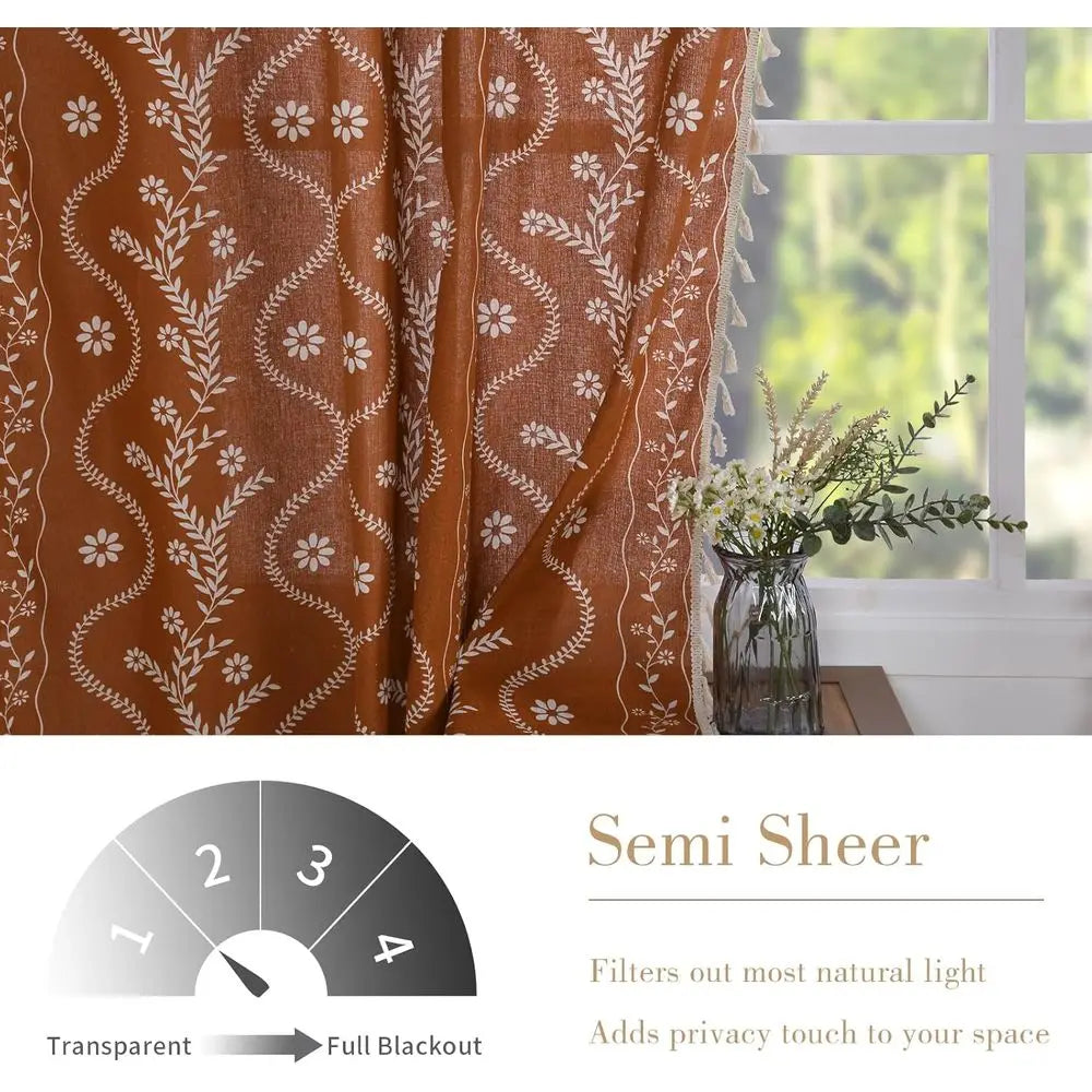 Vintage Farmhouse Style Linen Semi-Sheer Curtains, 84 Burnt Orange Floral Print for Living Room