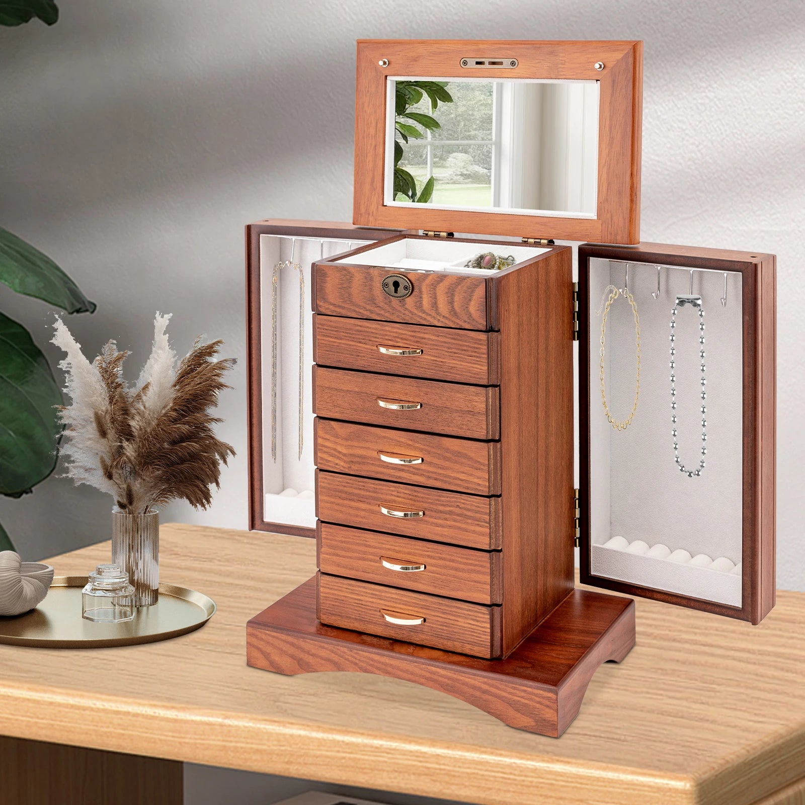 Retro Walnut Jewelry Box 7 Layers MDF Flocking Cloth Lining Rectangular Key Lock Free standing Grinding Painted