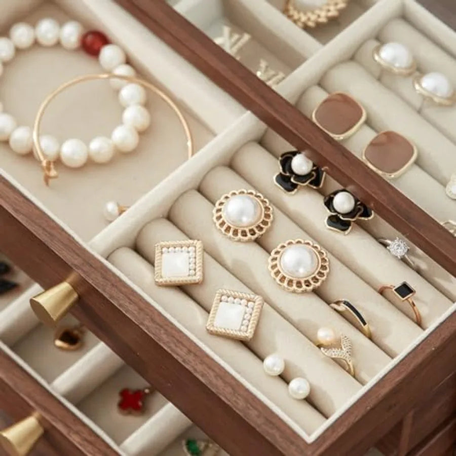 Black Walnut Wooden Jewelry Box for Women large 4 Layer Drawer Organizer Box with Glass Lid for Necklaces Watch Necklace Ring E