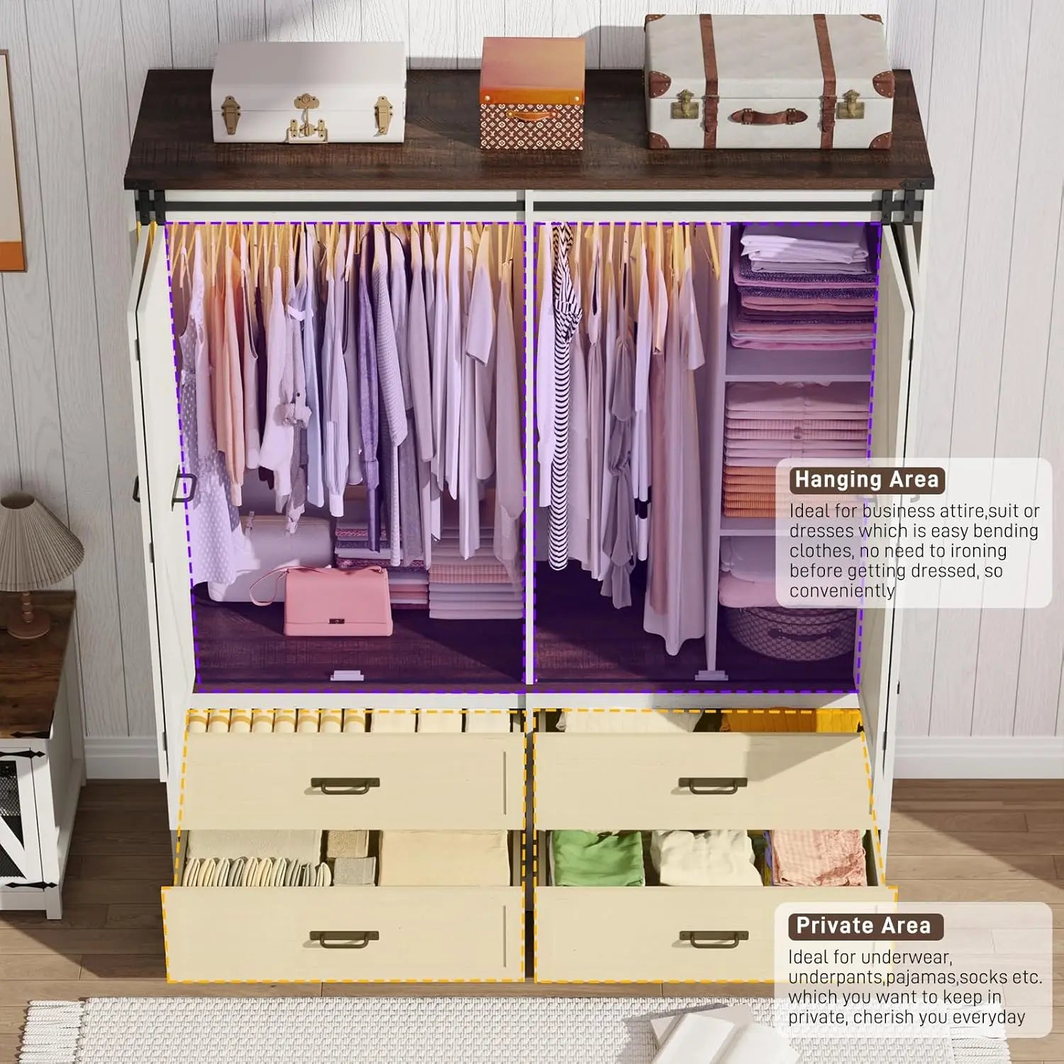 Farmhouse 4-Door Armoire with Sliding Barn Door, LED Lighting, Drawers & Hanging Rod, Antique White Freestanding Wardrobe