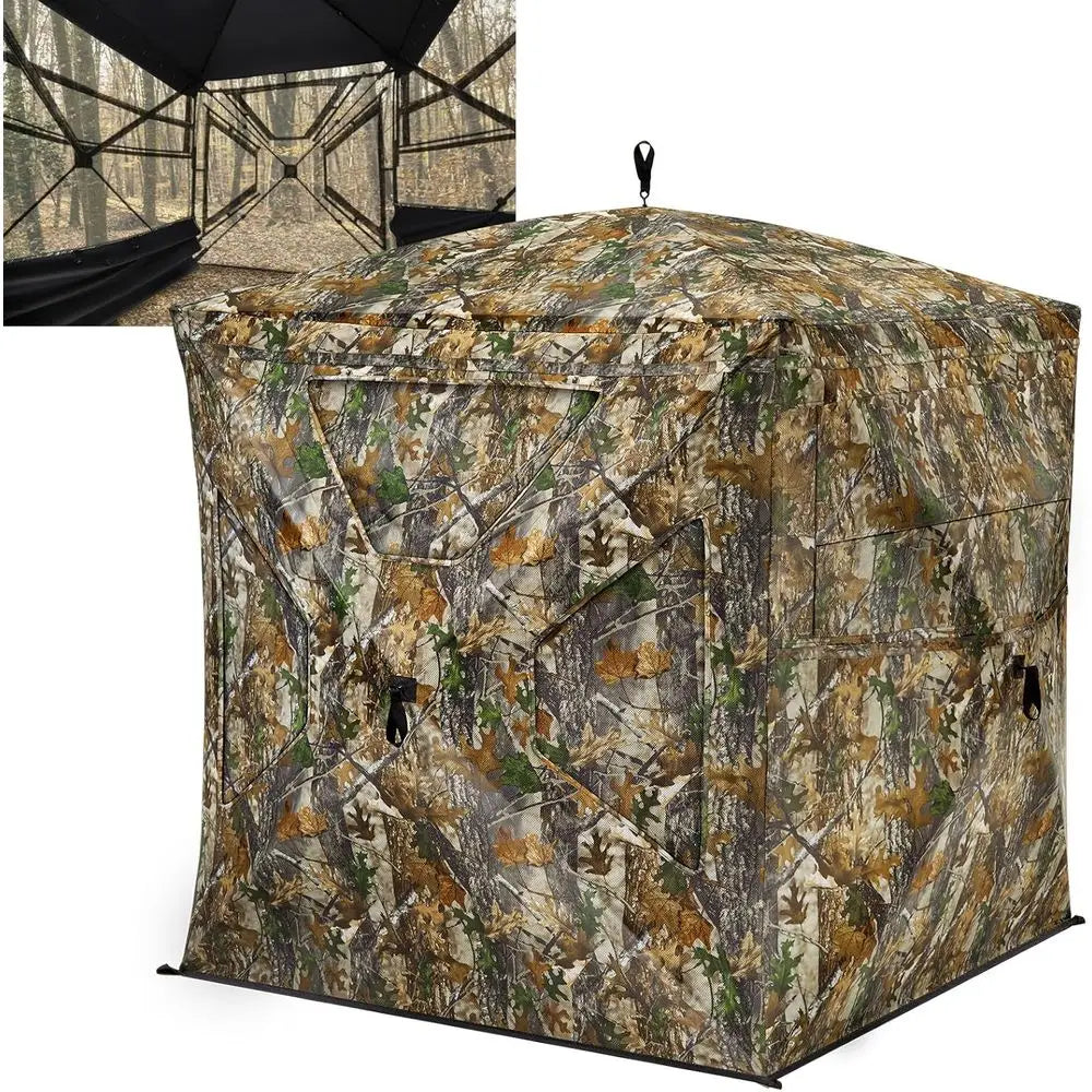 270° Panoramic View Silent Magnetic Door and Sliding Window 2-3 Person Pop-Up Ground Blind with Carry Bag, 300D Durable Camoufla