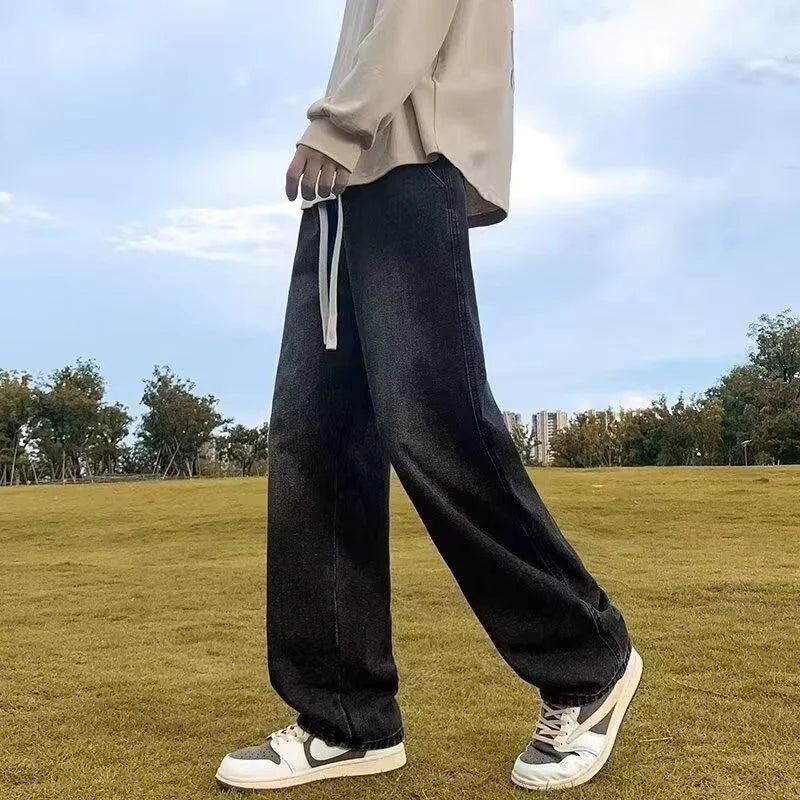 2023 New Korean Fashion Men's Casual Ankle-Length Jeans Classic Man Straight Denim Wide-leg Pants Light Blue Grey Black 3XL