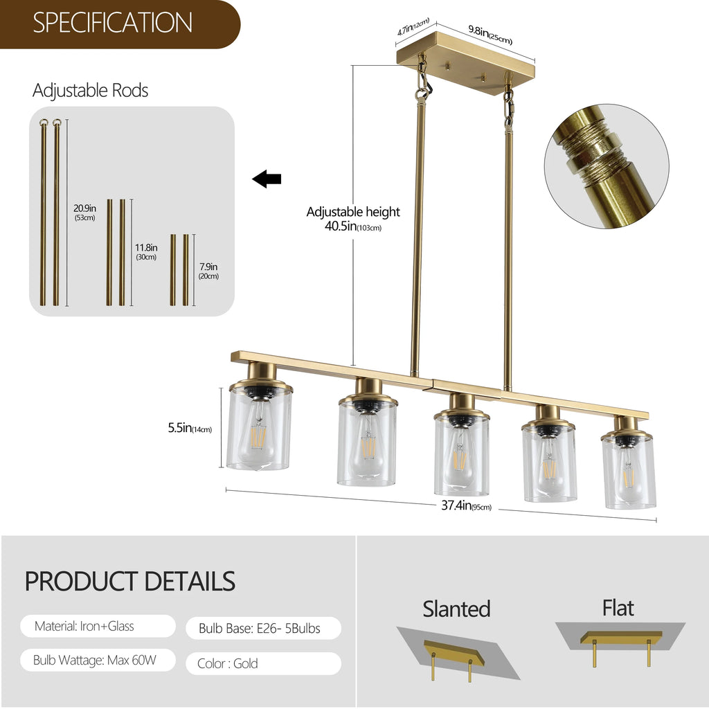 Industrial 5-Light Chandelier，Modern pendent lamp with Glass Shades, Golden Metal Frame Hanging Ceiling Light Fixture (No Bulbs)
