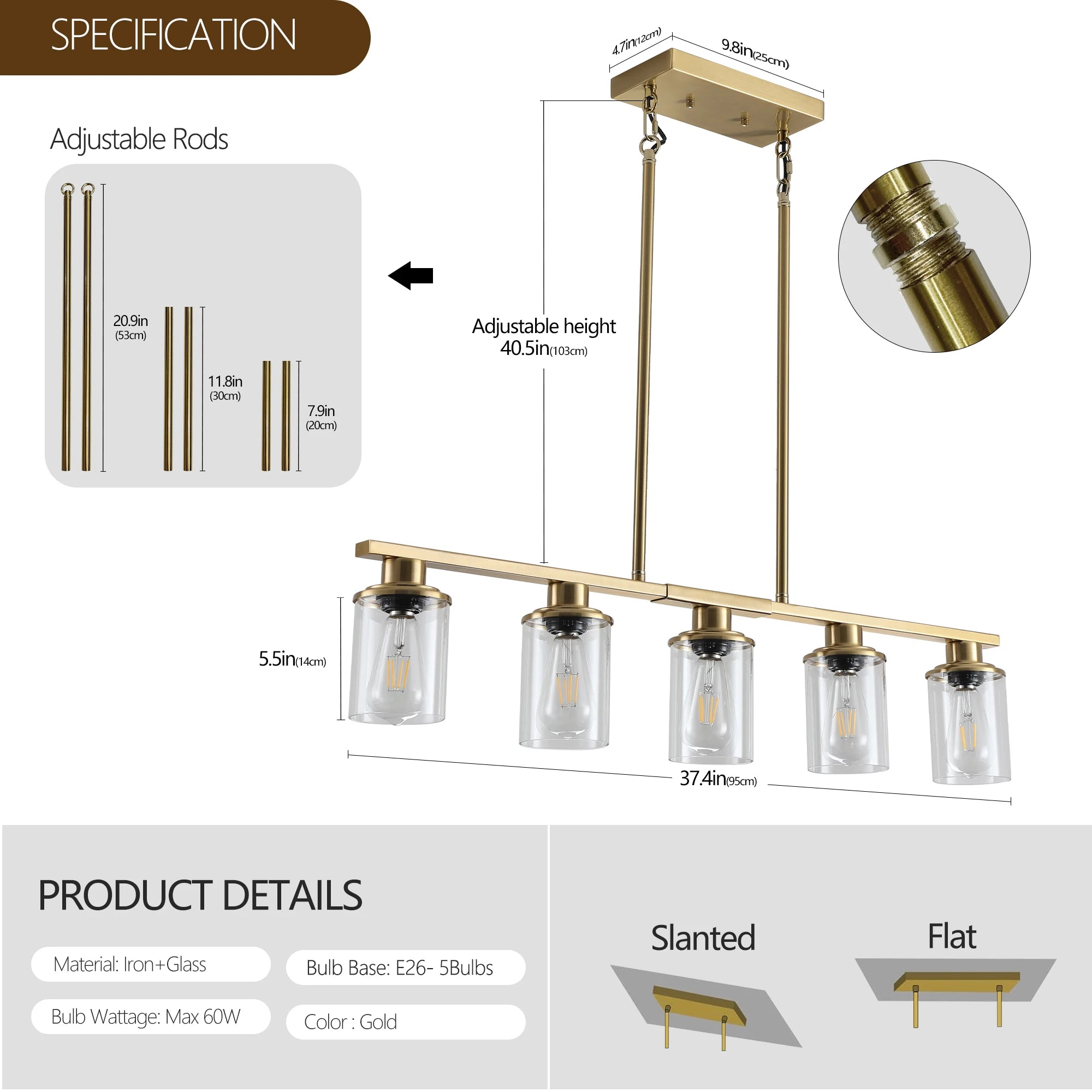Industrial 5-Light Chandelier，Modern pendent lamp with Glass Shades, Golden Metal Frame Hanging Ceiling Light Fixture (No Bulbs)