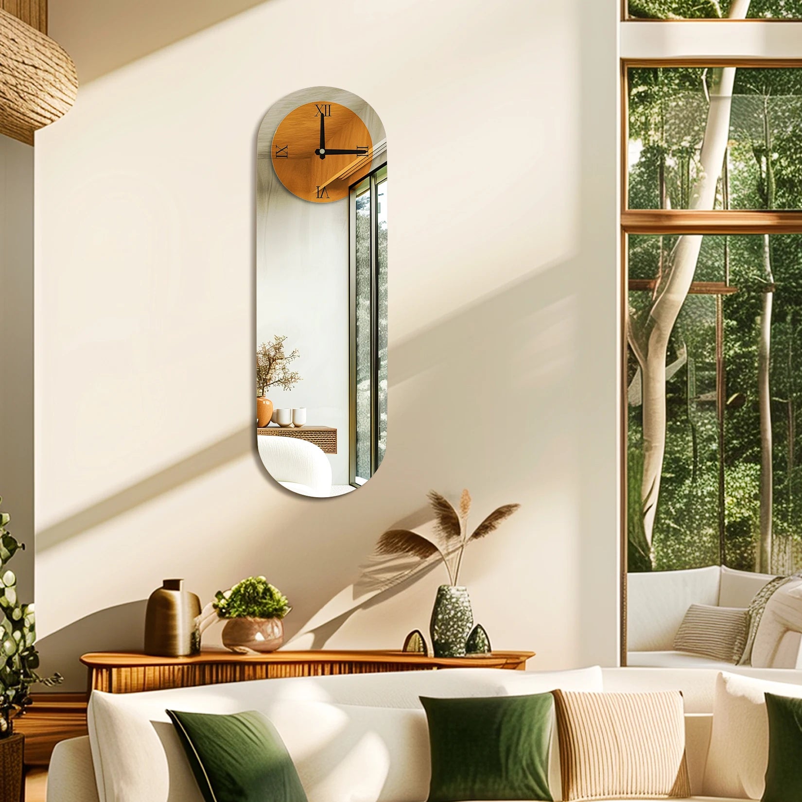 Mirror Wall Clock Modern Minimalist Long Oval Brown Tinted Wall Clock Silver Mirror Decorative Clock for Home, Living Room