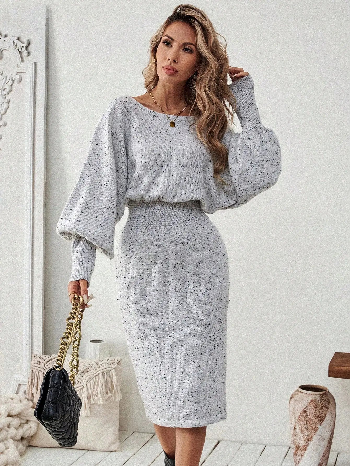 Cream Rib Knit Lantern Sleeve Sweater Dress for Women, Fall Winter Casual Elegant Midi Dress