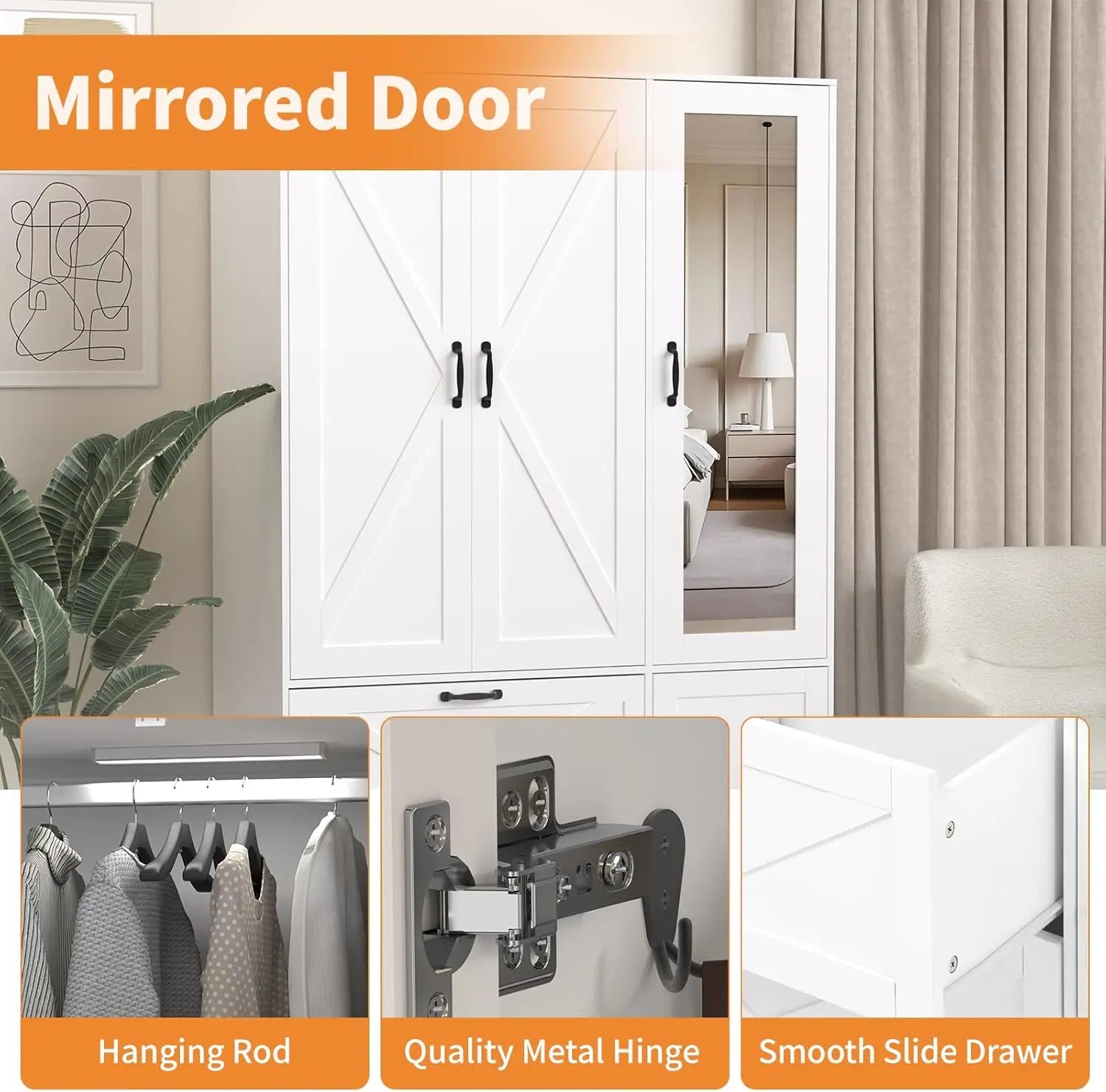 Armoire Wardrobe Closet with Mirror Door & LED Light,3 Doors Bedroom Armoire with Drawers& Adjustable Shelves&Hanging Rods