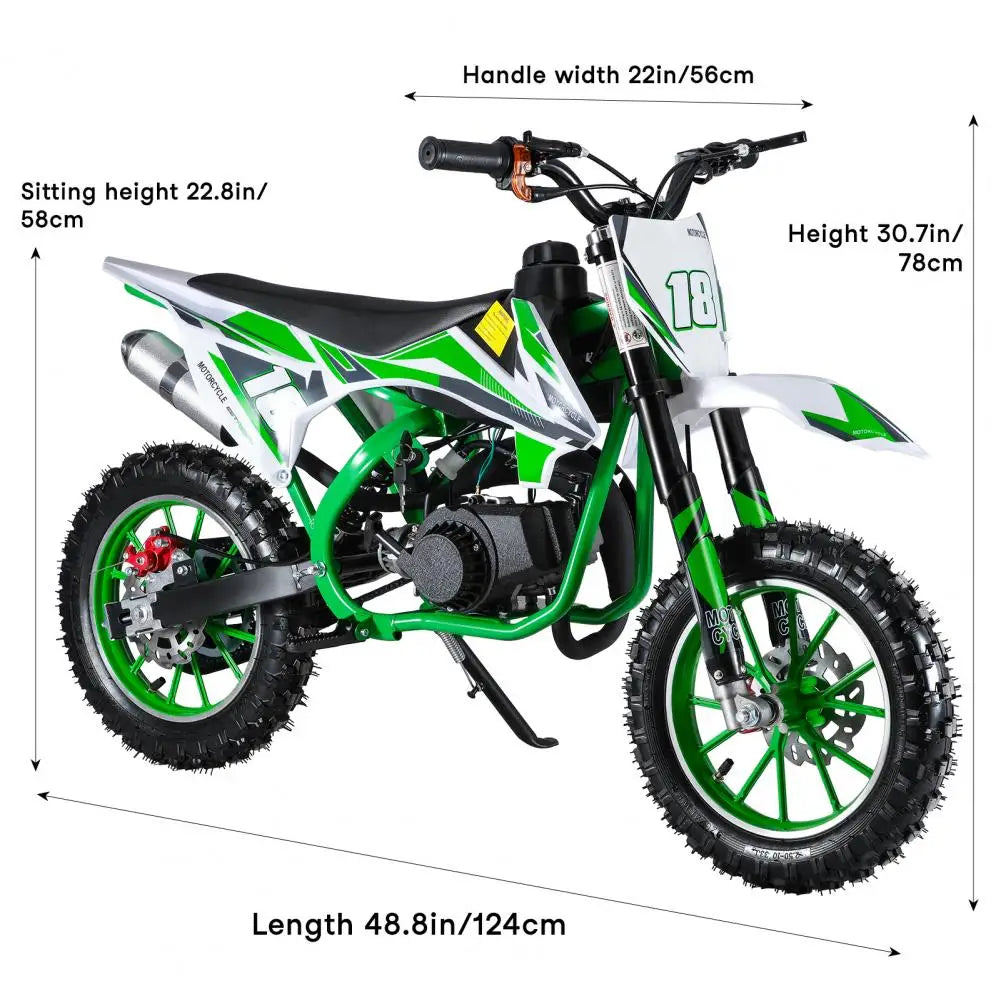 49cc 2-Stroke Kids Dirt Bike Gas Power Motocross, Off Road Mini Motorcycle, Pocket Motorbike with Front Rear Disc Brakes (Green)