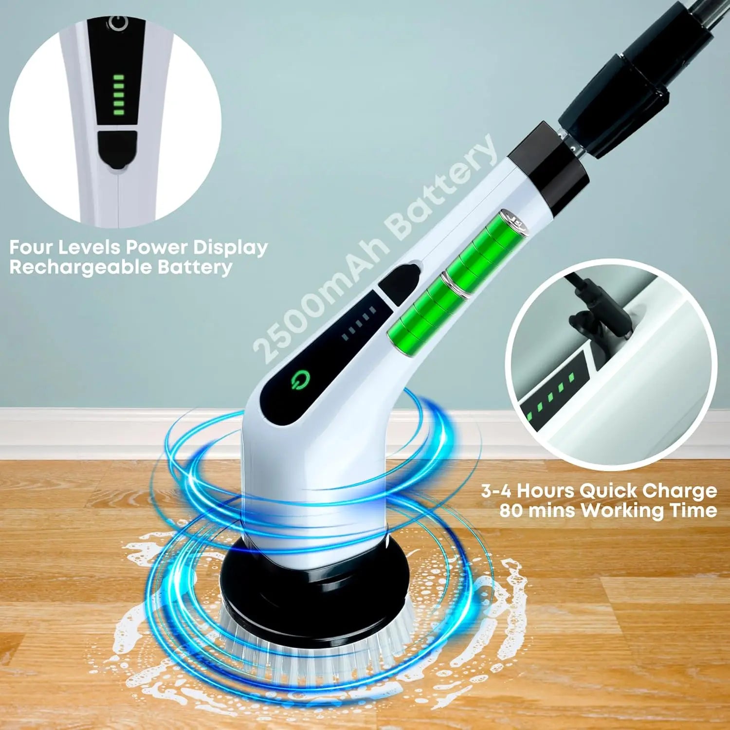 Chimera MKT Electric Spin Scrubber - Cordless, 7 Heads, 2 Speeds, Long Handle Shower Cleaner (White)