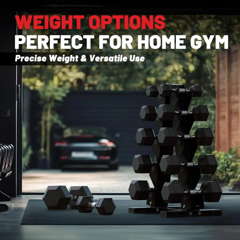 Hex Dumbbell Set with Rack - Rubber Coated Cast Iron Weights, Non-Slip Chrome Handles, Space-Saving Home Gym Set