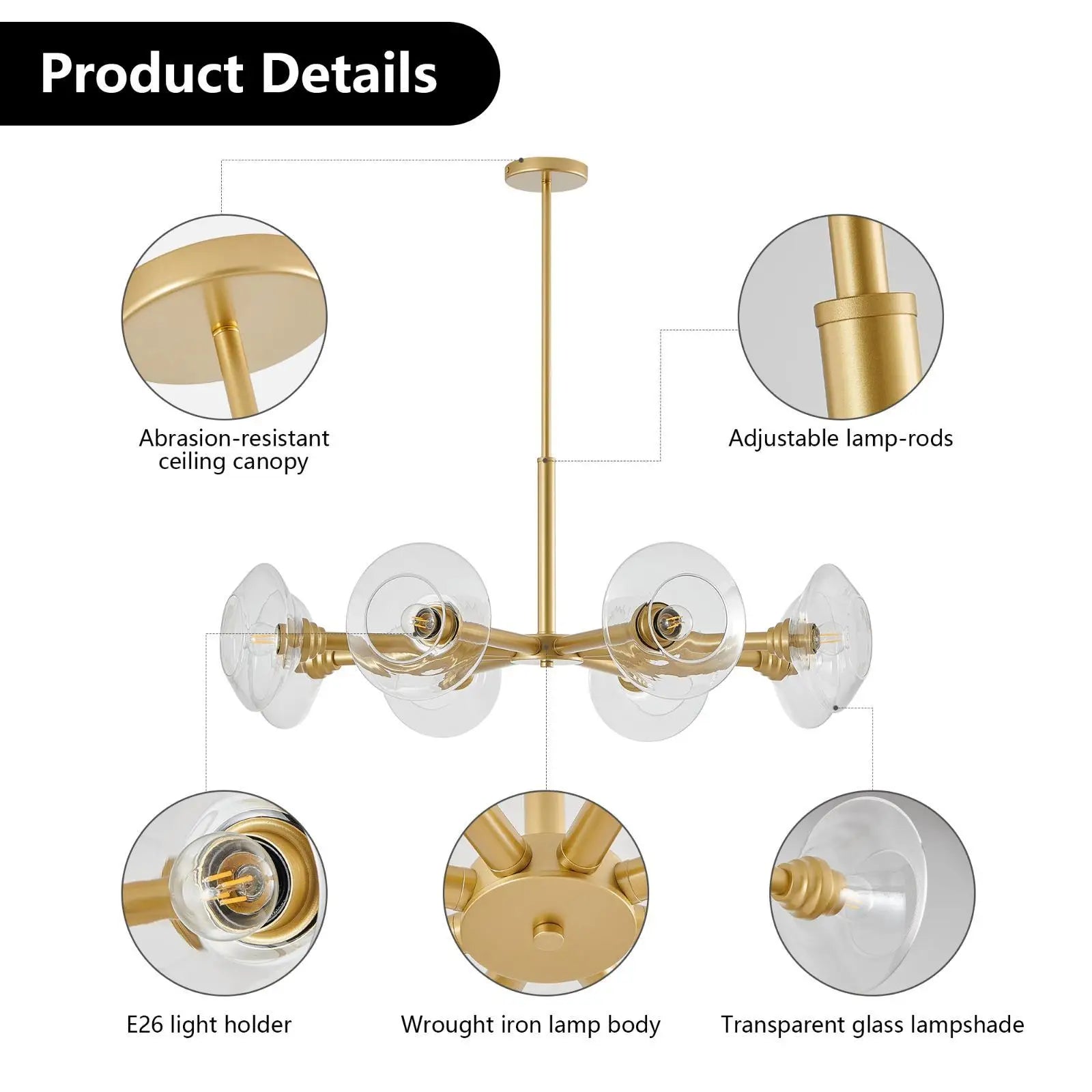Elegant Gold Pendant Light Fixture Sputnik Chandelier Clear Glass Hanging Lamp for Dining Room Ceiling Modern Decor