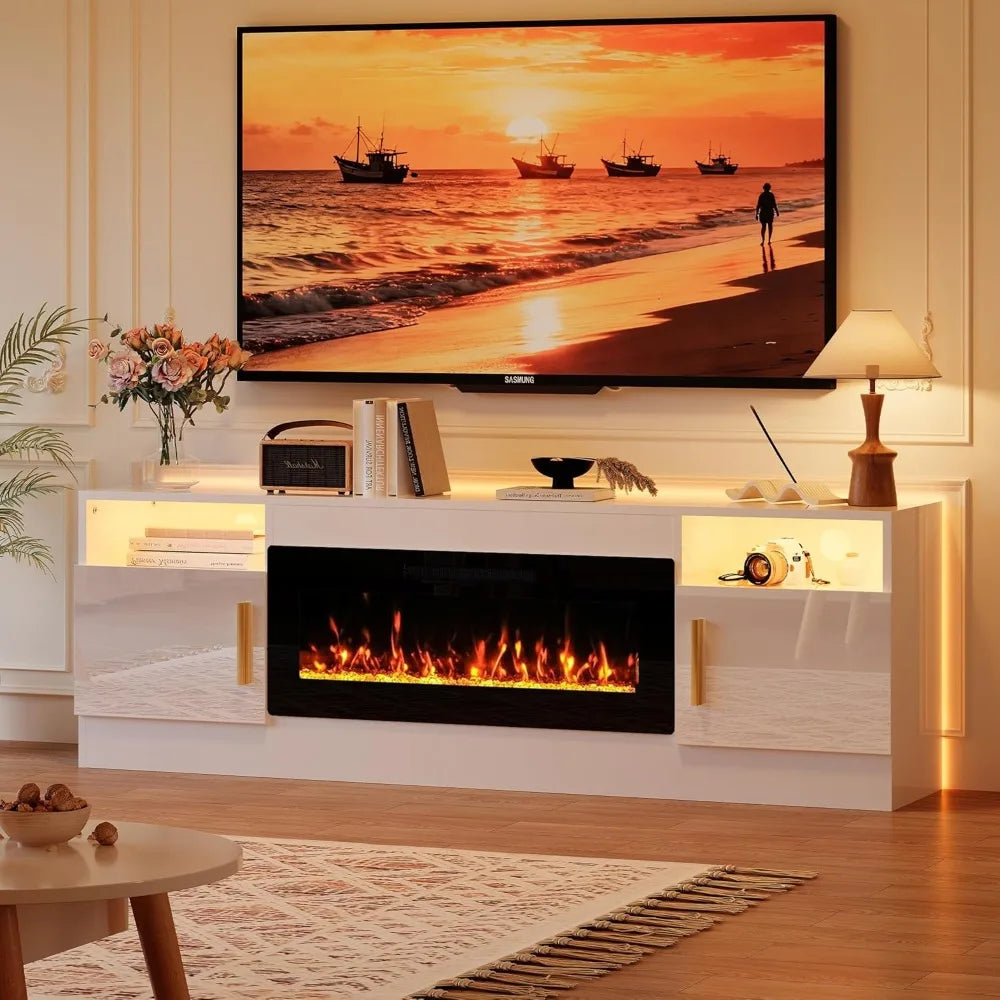 Fireplace TV Stand with 36’’ Electric Fireplace, 70'' TV Media Entertainment Center with Fireplace Up to 80 inch,Modern LED
