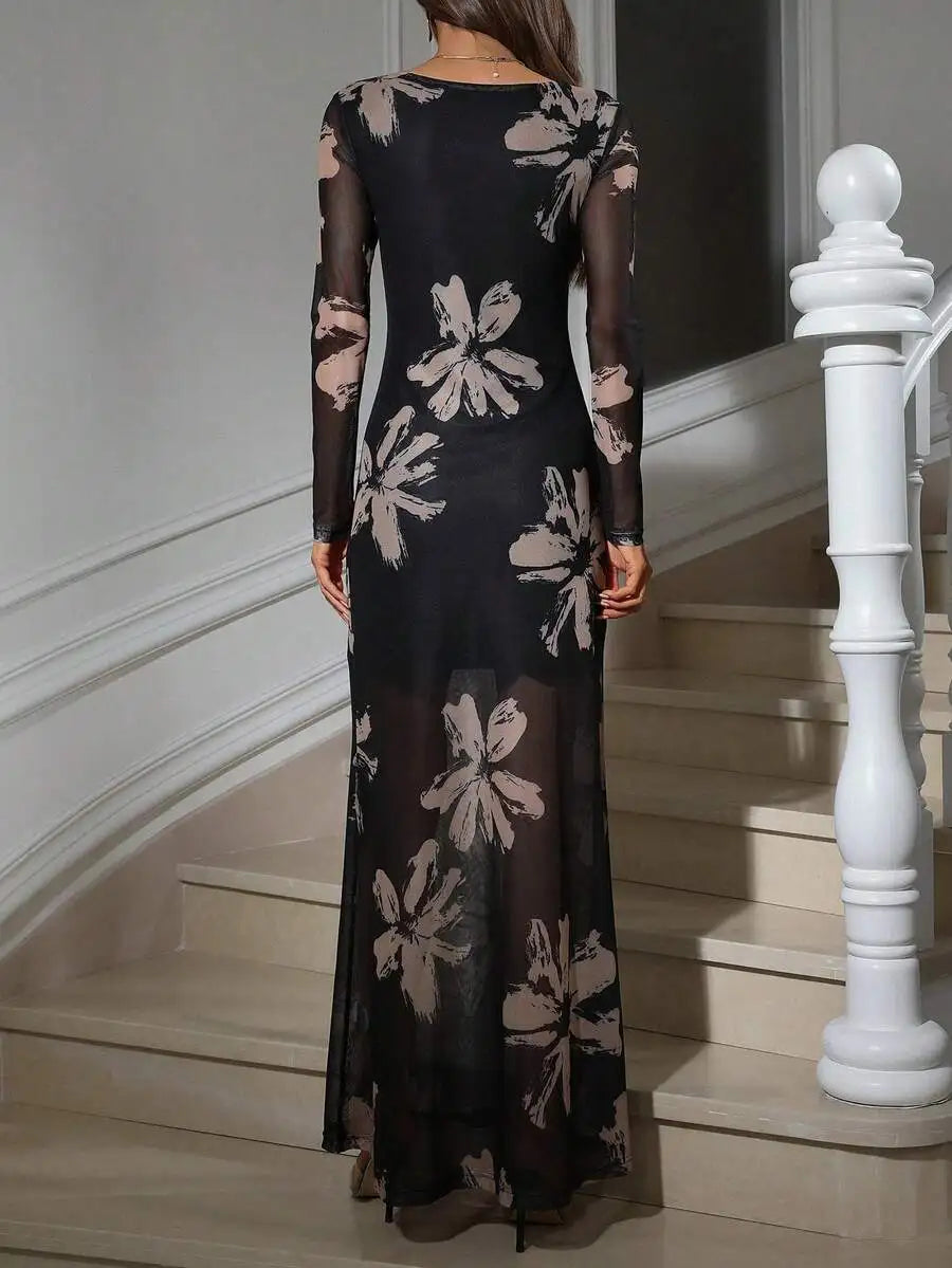 Aveloria Modichic Brush Stroke & Floral Print Mesh Bodycon Waist Cinched Long Sleeve Dress For Women Dresses For Women Elegant 