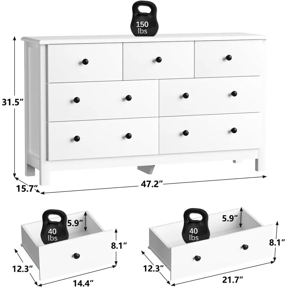 White Wooden Dresser with Metal Handles and Wide Drawers for Bedroom, Living Room, or Hallway Storage