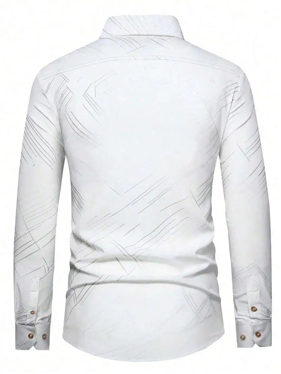 Men's Slim Fit Long Sleeve Button-Down Shirt with Geometric Line Print