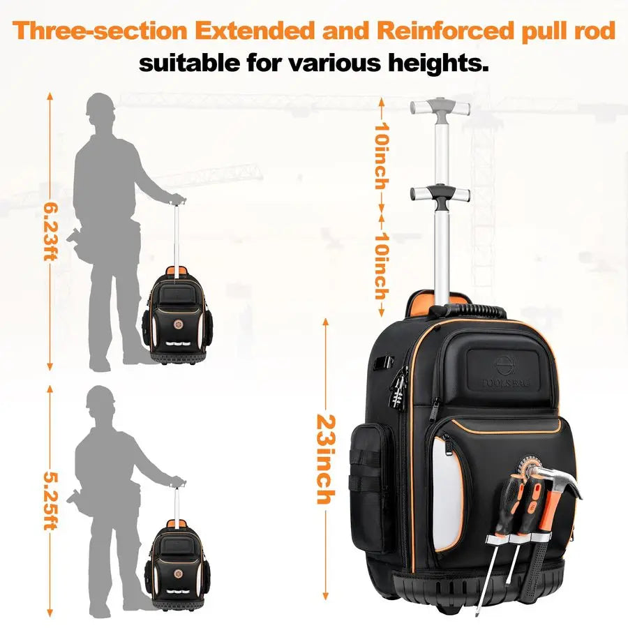 Tool Bag with Wheel, Rolling Tool Backpack for Electrician Heavy Duty Roller Tool Bag on Wheel for Construction Work, 75 Pockets