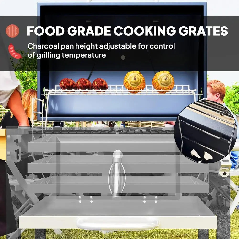 Charcoal BBQ Grill, Outdoor Portable Cooker for Camping or Backyard Picnic, Barbecue Grill with Side Table, Bottom Storage Shelf