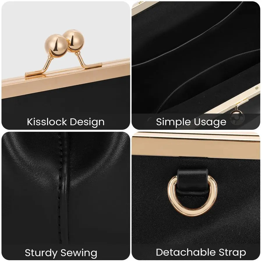 Womens Kiss Lock Bag PU Medium Top Handle Handbags Kiss Clasp Shoulder Bags Tote Purse Messenger Clutch
