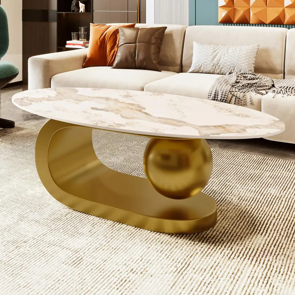 Modern Oval Sintered Stone Coffee Table White Marble Pattern with Gold Stainless Steel Base 47.2 Inch Living Room Furniture