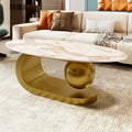 Modern Oval Sintered Stone Coffee Table White Marble Pattern with Gold Stainless Steel Base 47.2 Inch Living Room Furniture