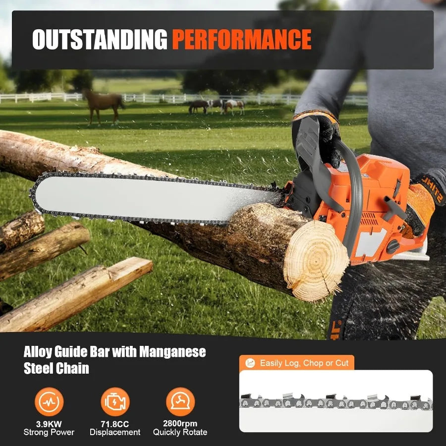 24in 72cc 2-Cycle Gasoline Powered Chainsaw 3.9kw Professional Chainsaw Set for Tree Wood Farm Garden Ranch Forest Cutting Dark