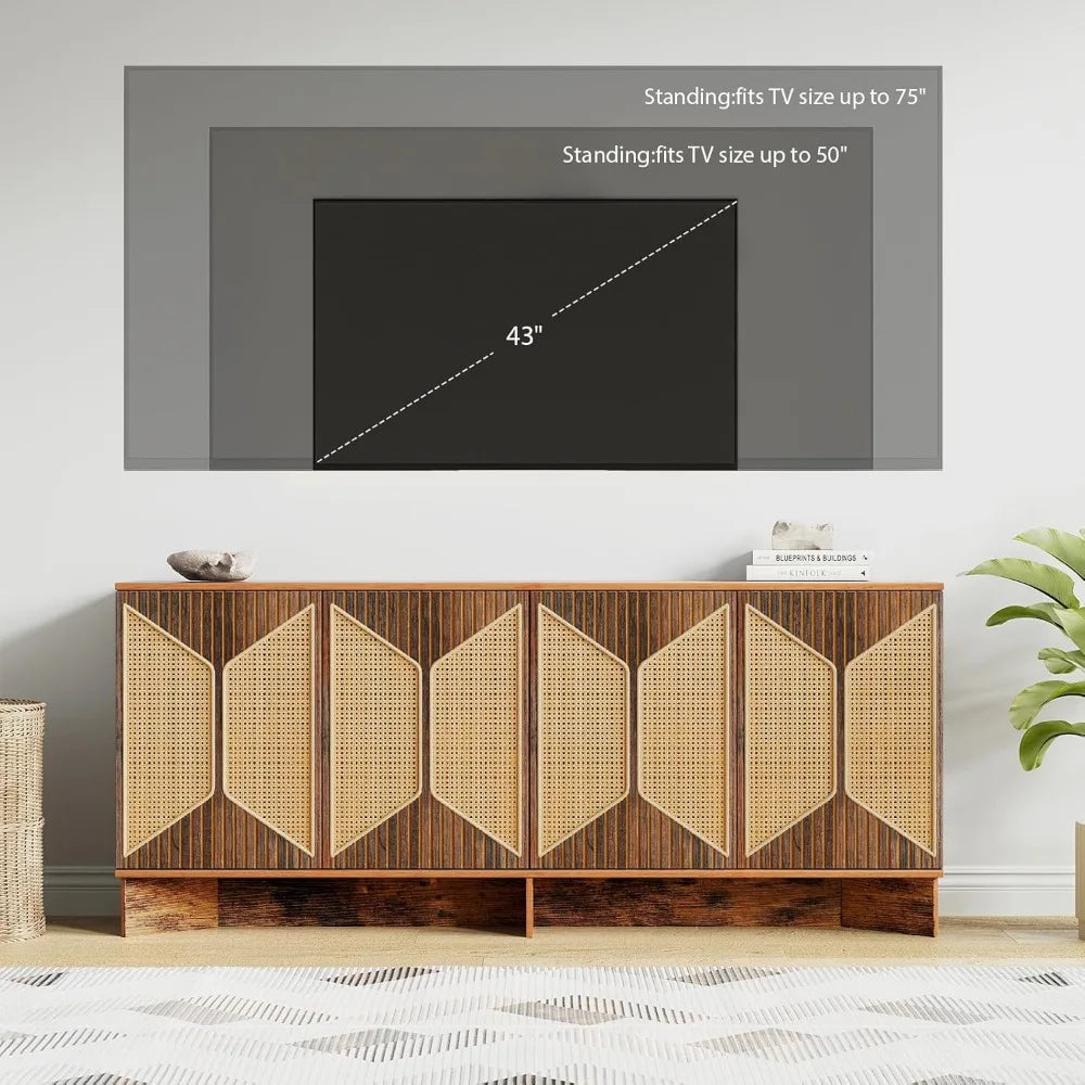 Large Modern Boho Rattan Buffet Sideboard Cabinet with Storage and Credenza