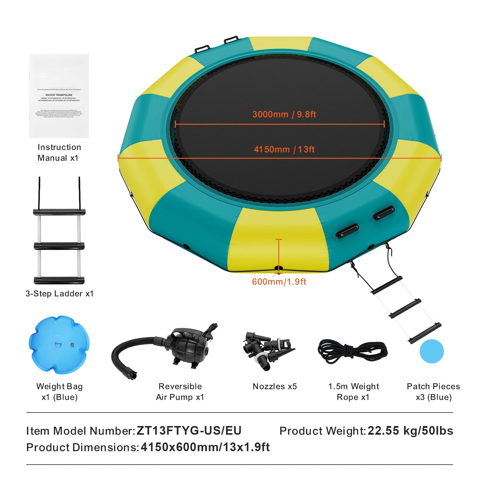 VEVOR 13ft Inflatable Water Bouncer Recreational Water Trampoline Portable Bounce Swim Platform Kids Adults Floating Rebounder