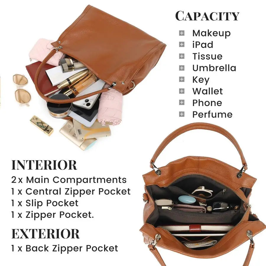 Genuine Leather Purses with Detachable Satchel Strap, Ladies Tote Bag Handbags TopHandle Shoulder Hobo Bags