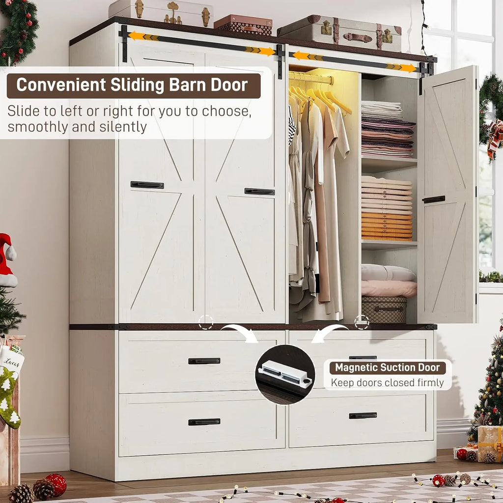 Farmhouse 4-Door Armoire with Sliding Barn Door, LED Lighting, Drawers & Hanging Rod, Antique White Freestanding Wardrobe
