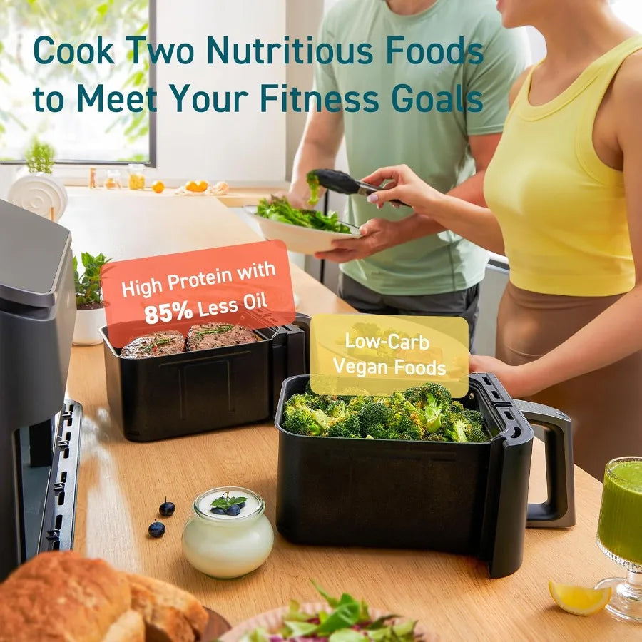 Dual Air Fryer 9Qt 10-in-1 Fresh Balanced Meals for Family and with Double Baskets Sync Cook Finish to Bake Roast Reheat Broil