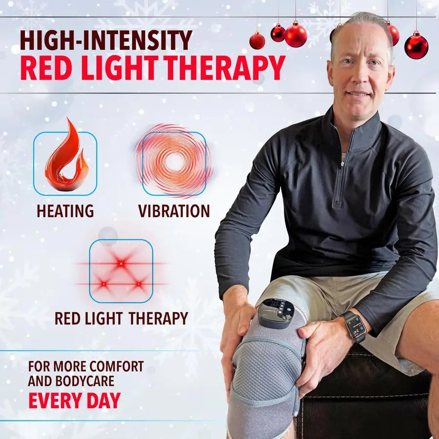RED Knee Massager with Heat and Red Light Therapy, Knee Brace with 5 Intensity Levels, 52 Red amp Infrared Lights, Cordless, Adj
