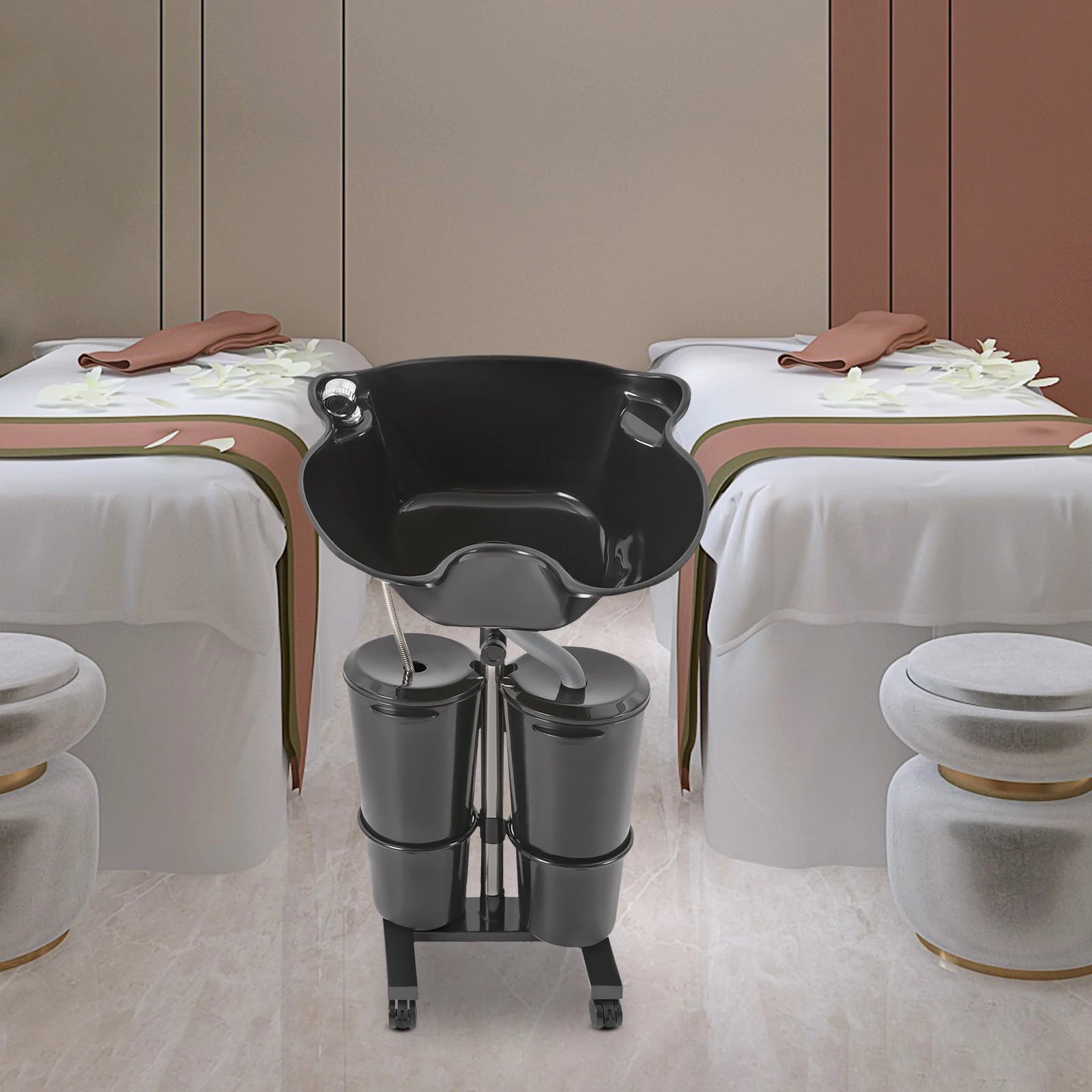 Portable Shampoo Sink Dual Bucket 10L Electric Pump, Height Adjustable Hair Wash Basin with Wheels for Salon Home Care