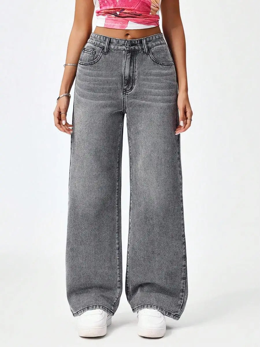 High Waist Wide Leg Jeans for Women, Light Washed Retro Denim Pants, Casual Streetwear Style