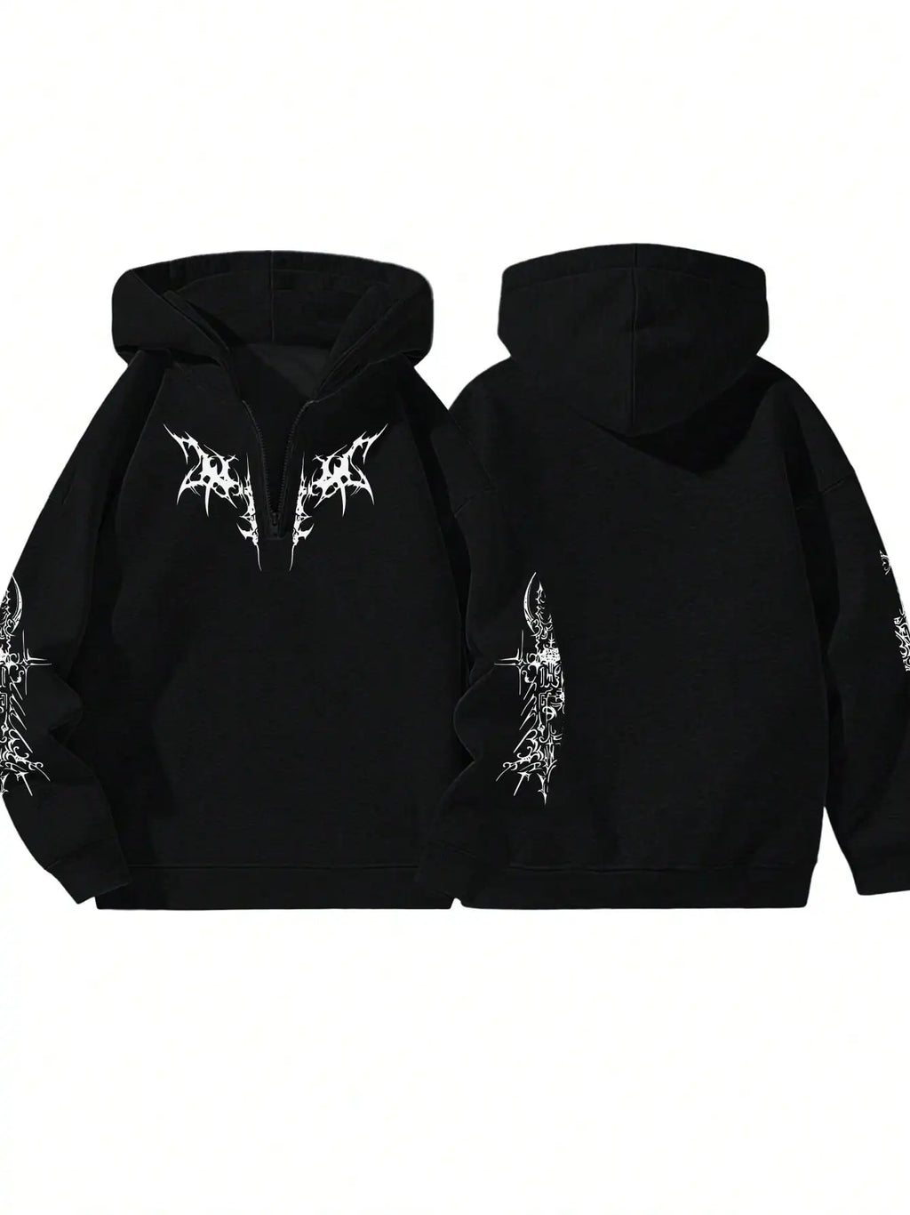 Gothic Black Quarter Zip Up Hoodie For Men Halloween Bat Print Hooded Pullover Jacket Street Hip Hop Style Fall Jackets Unisex