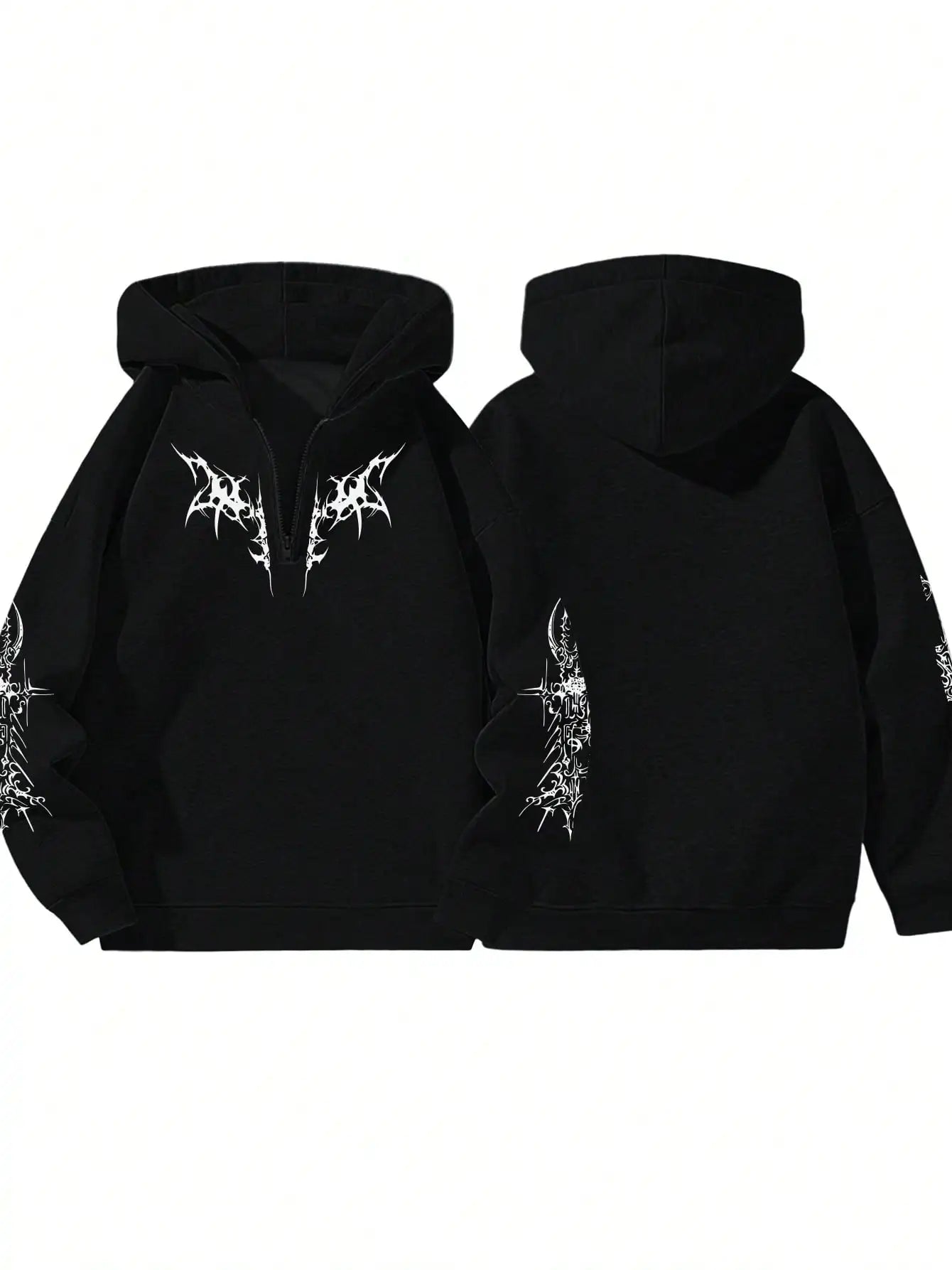 Gothic Black Quarter Zip Up Hoodie For Men Halloween Bat Print Hooded Pullover Jacket Street Hip Hop Style Fall Jackets Unisex