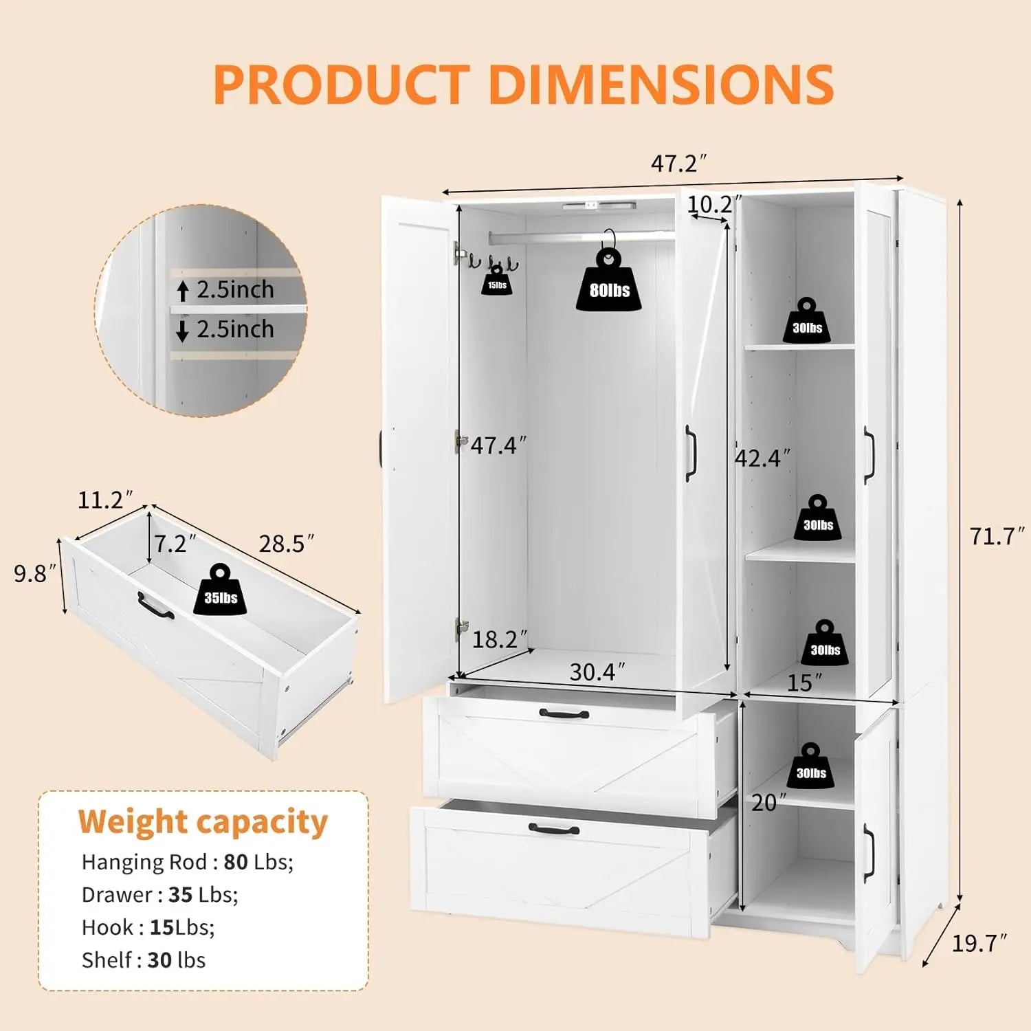 Armoire Wardrobe Closet with Mirror Door & LED Light,3 Doors Bedroom Armoire with Drawers& Adjustable Shelves&Hanging Rods