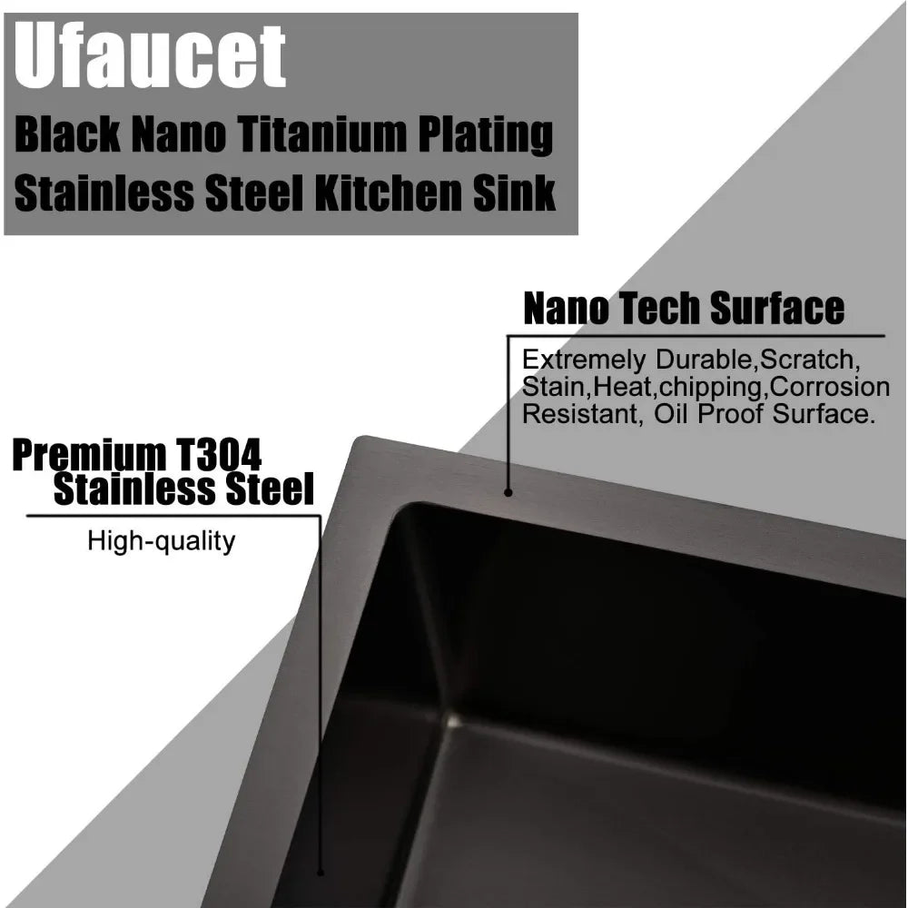 28 Inch Black Undermount Kitchen Sink, 9 Inch Deep Stainless Steel Single Bowl Kitchen Sink, Gauge  Nano Undermount Sinks