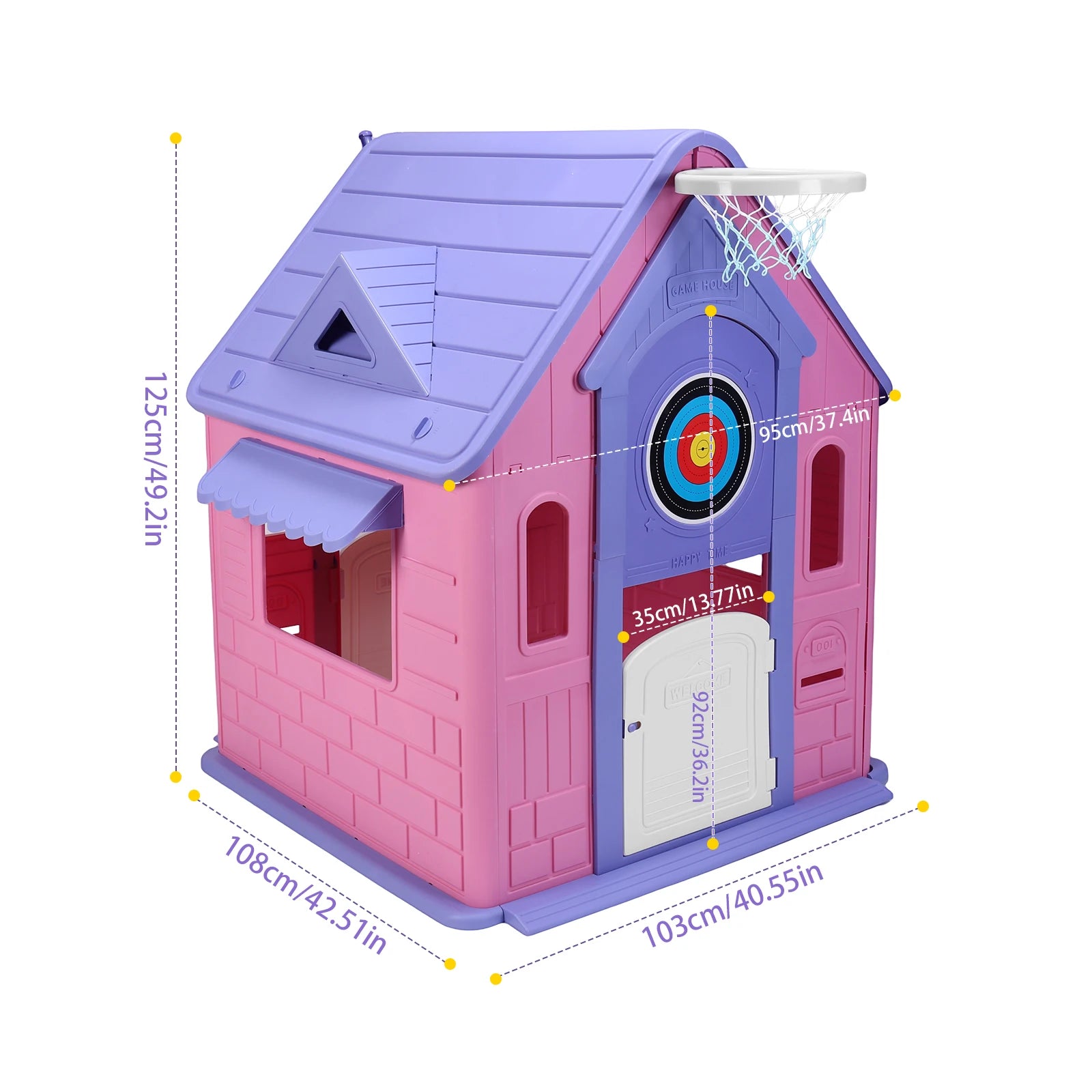 Kids Playhouse with Basketball Hoop Dartboard Indoor/Outdoor Playset Outdoor Playhouse for  2-5 Years Toddlers Gaming Toys