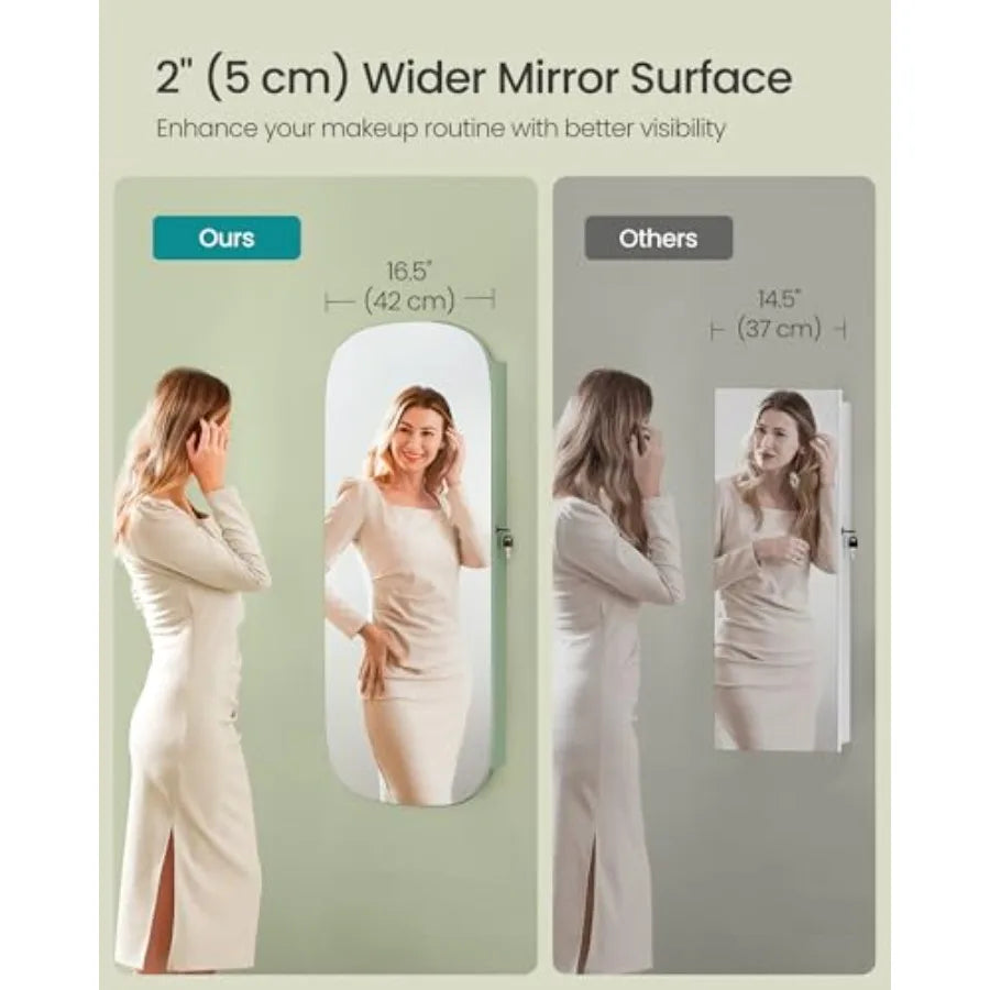 Jewelry Organizer LED Jewelry Cabinet Wall/Door Mounted Lockable Rounded Wide Mirror with Storage Interior Mirror 3.9 x 16.5 x