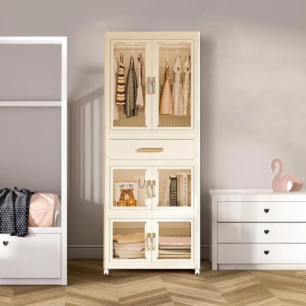 Portable Kids Closet Children's Armoire Adults Clothes Wardrobe Closet with Drawers and Doors, Collapsible Baby Costume Storage