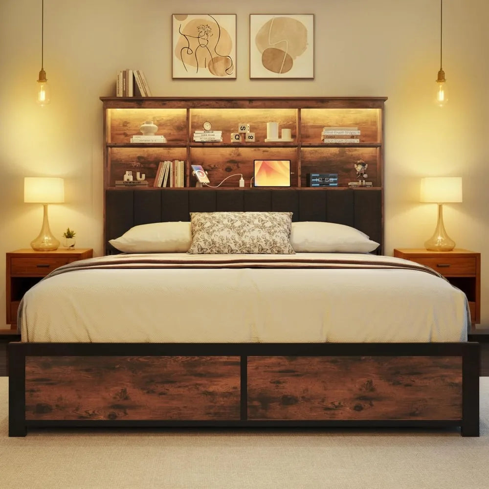 Queen Bed Frame with Headboard, High Storage Bookcase, 4 Drawers, LED Lights & Charging Station, Noise-Free Metal Support