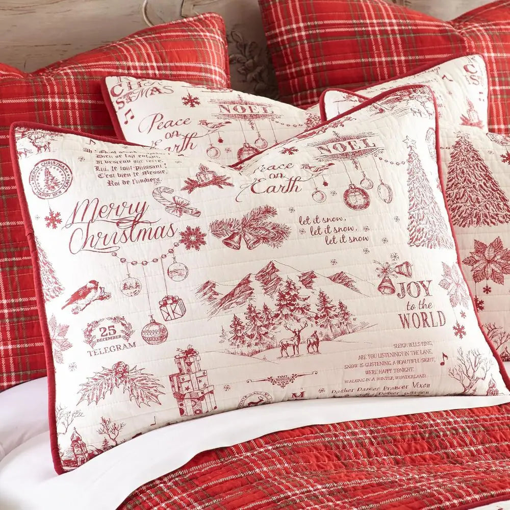 Red & Cream Christmas Script Cotton Quilt Set - Full/Queen 88x92in + 2 Pillow Shams 26x20in - Reversible