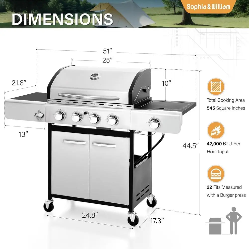 4-Burner Propane Gas BBQ Grill with Side Burner and Porcelain-Enameled Cast Iron Grates, Stainless Steel Barbecue Grills Outdoor