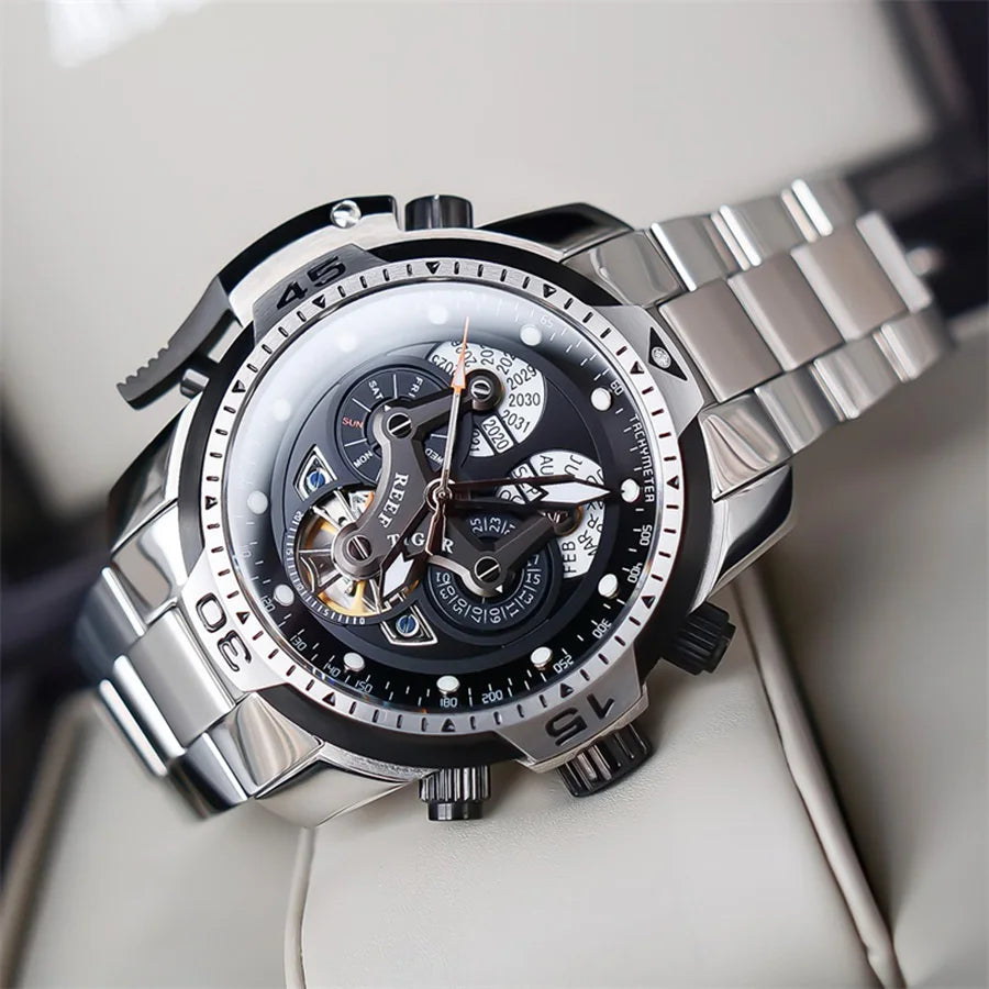 【REEF TIGER】 Men's watch: The weight king mechanical watch, luminous King fully automatic watch, skeletonized large dial men's w