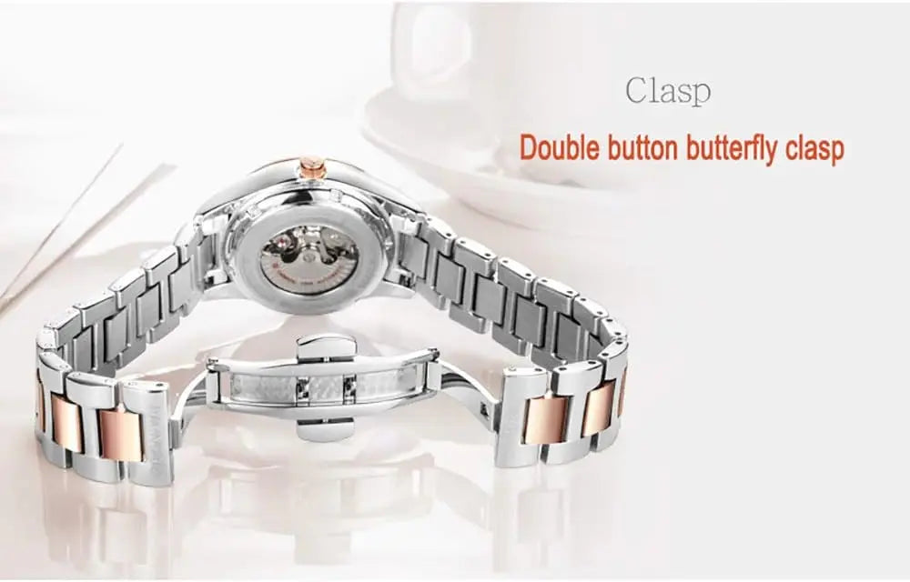 Elegant Blue Sapphire Waterproof Automatic Mechanical Watch for Women, Rose Gold Stainless Steel