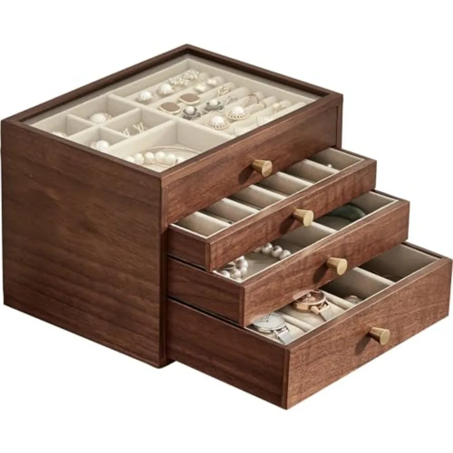 Black Walnut Wooden Jewelry Box for Women large 4 Layer Drawer Organizer Box with Glass Lid for Necklaces Watch Necklace Ring E