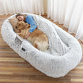 71x45x12 Inch Washable Faux Fur Pet and Human Bed with Pillow, Blanket, and Strap in Grey
