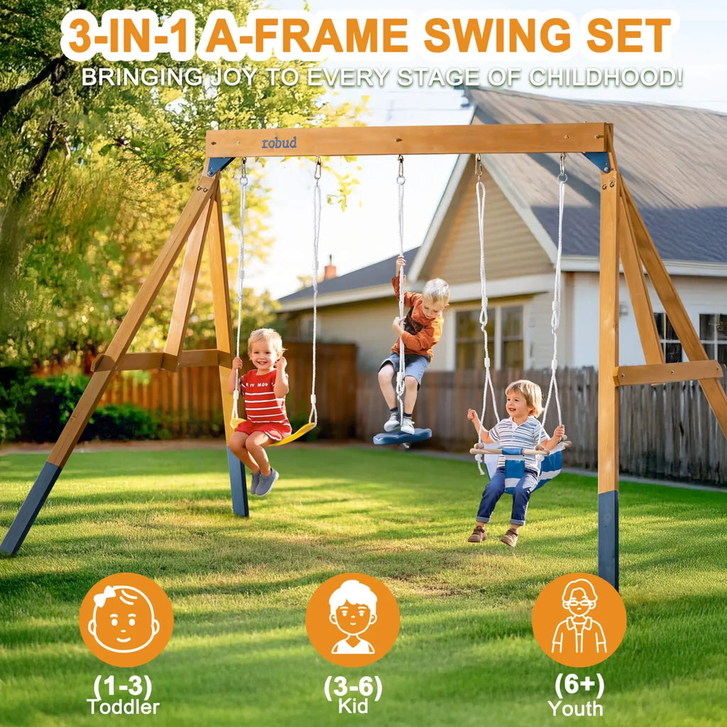 Robotime Robud 3-in-1 Playground Wooden Swing Sets for Backyard DIY Swing Sets with Tree Swing and 2 Toddler Swings for Kids 3+