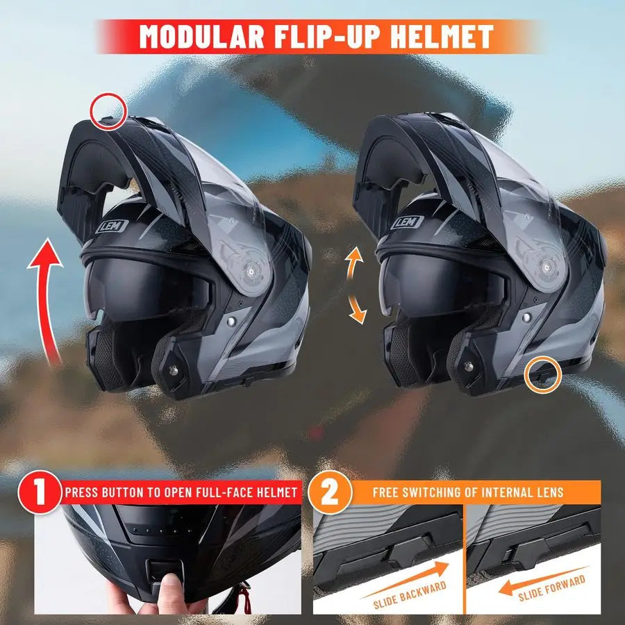 Modular Motorcycle Helmets Fiberglass, Full Face Motorcycle Helmet Flip Up for Touring, DOT Certified, Release Sun Visor amp Rem