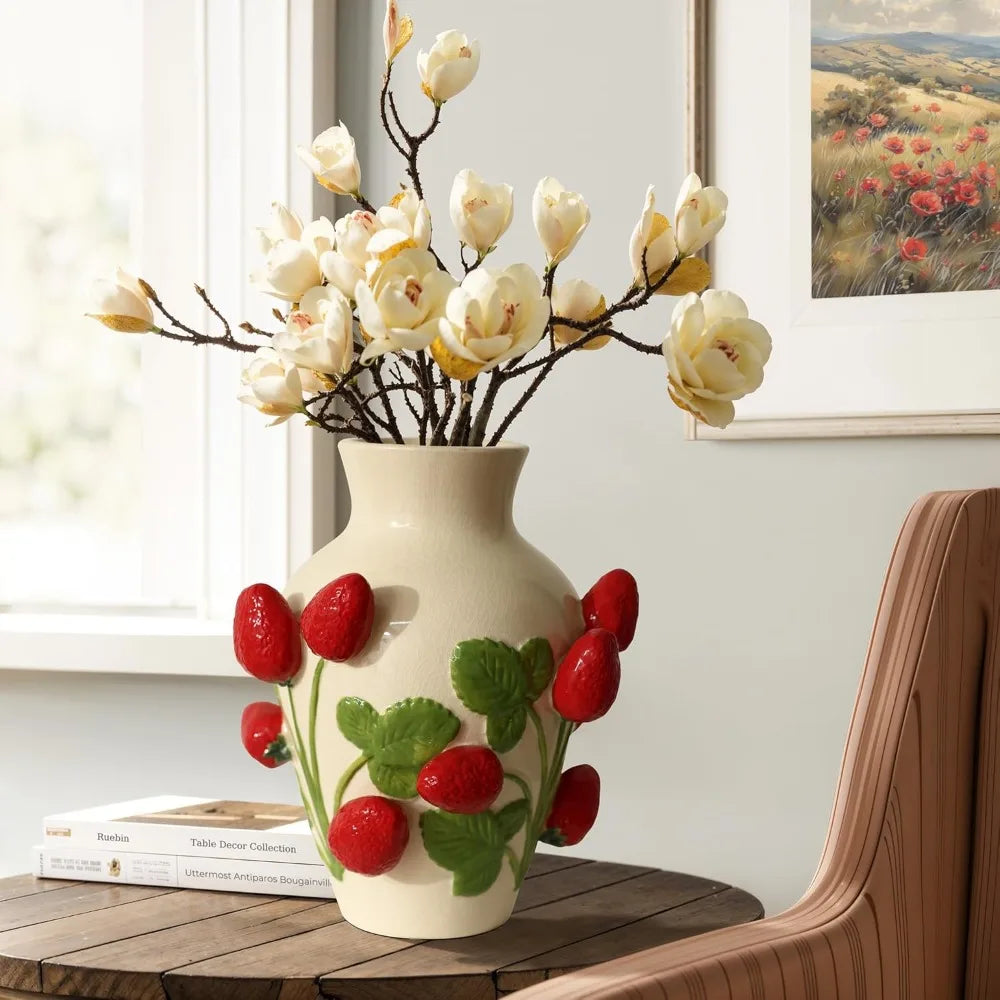 Unique Ceramic Flower Vase,Modern Decorative Pottery Vases for Dining Table Living Room Decor,Ivory with Red Strawberries